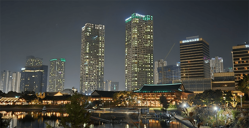 Songdo International Business District skyline at night