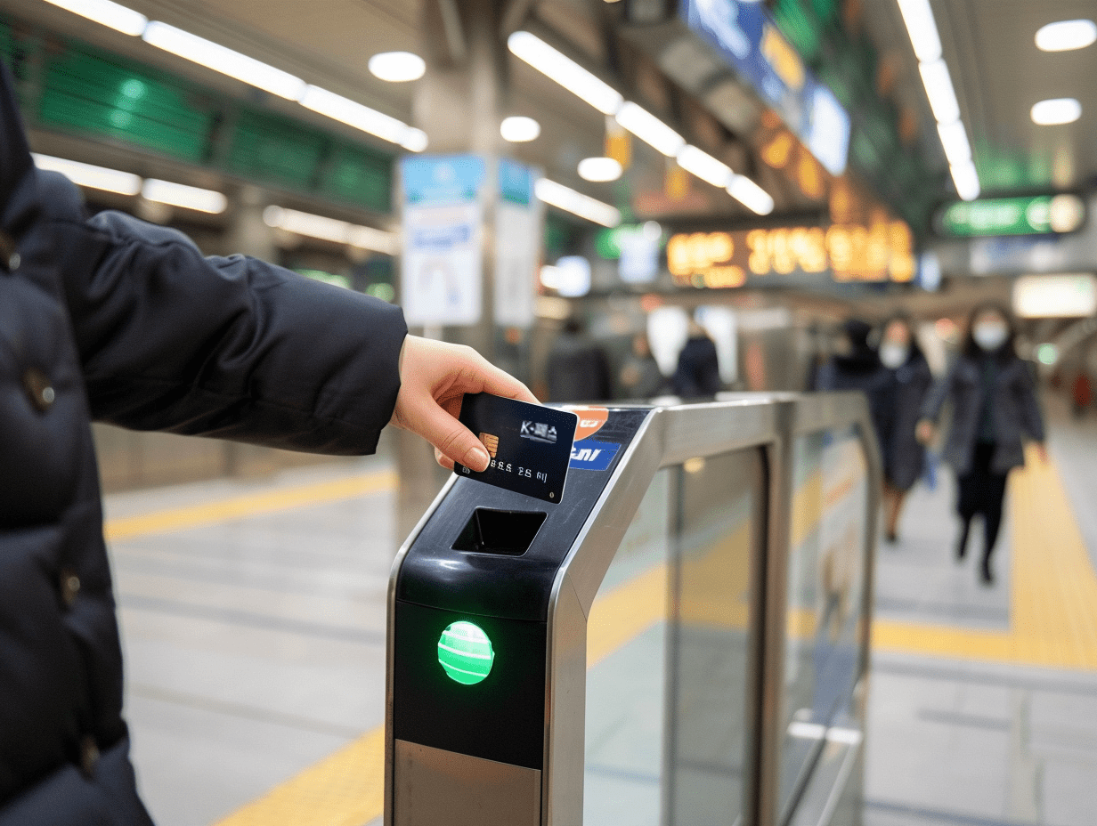 Tapping a K-Pass transit card at a Seoul subway turnstile