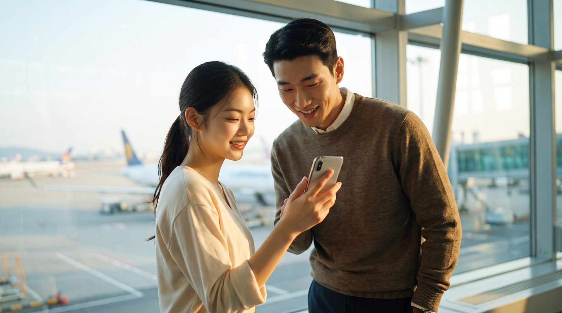 Traveler checking an eSIM setup on her phone at Incheon Airport