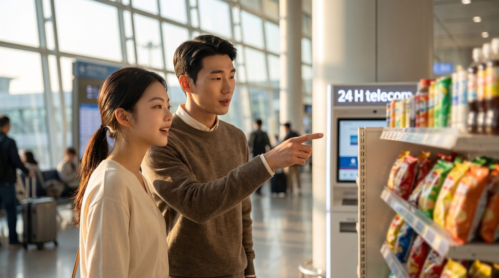 Traveler pointing toward a telecom counter at Incheon Airport