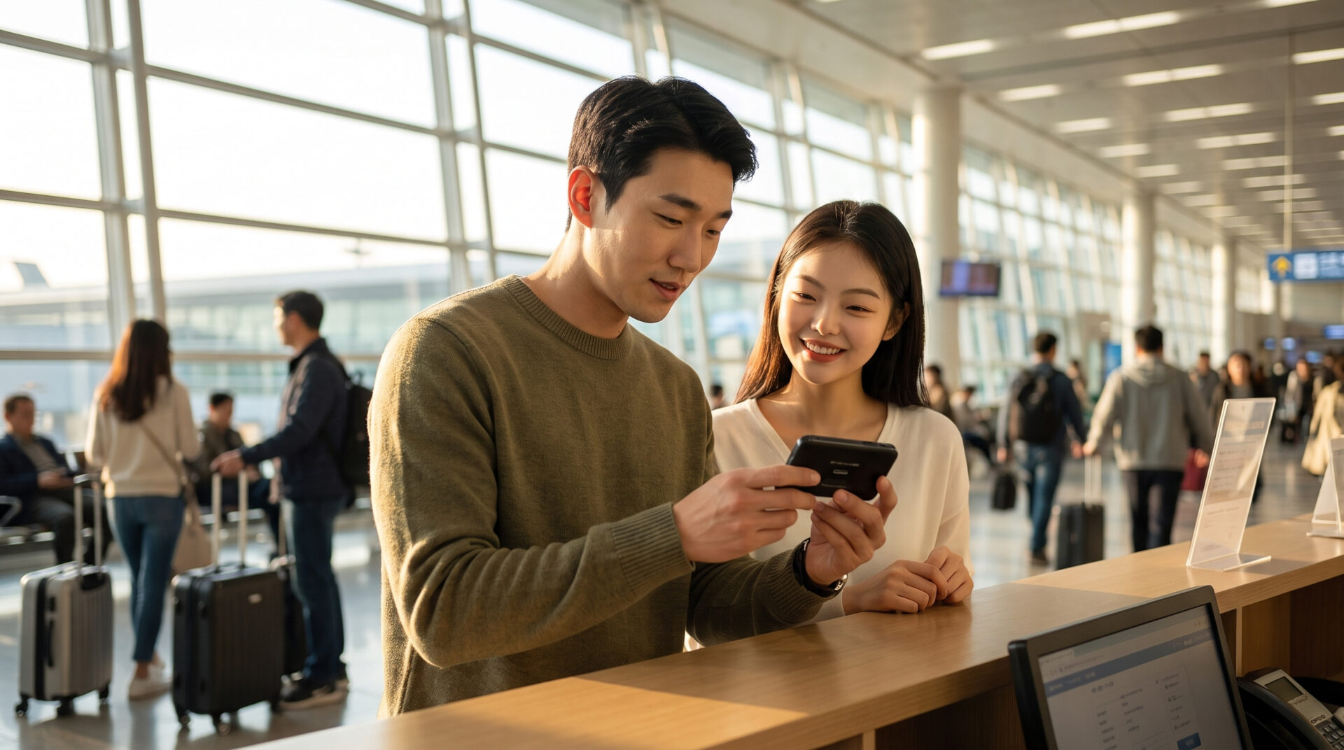 Traveler holding a pocket wifi router at Incheon Airport